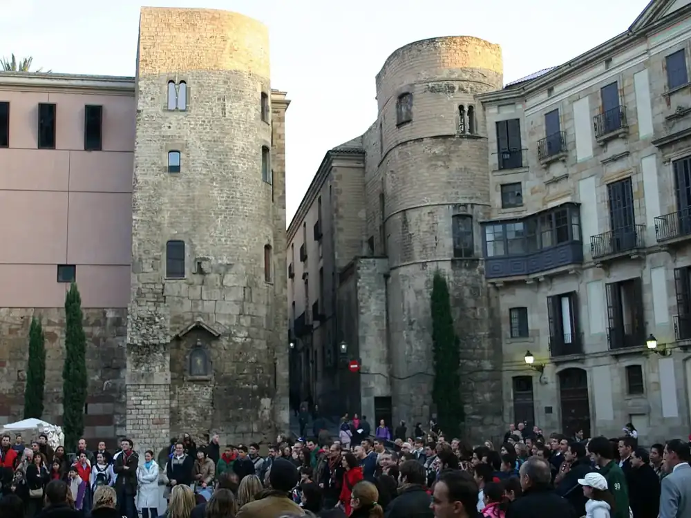 Two round towers by the gate on Plaça Nova